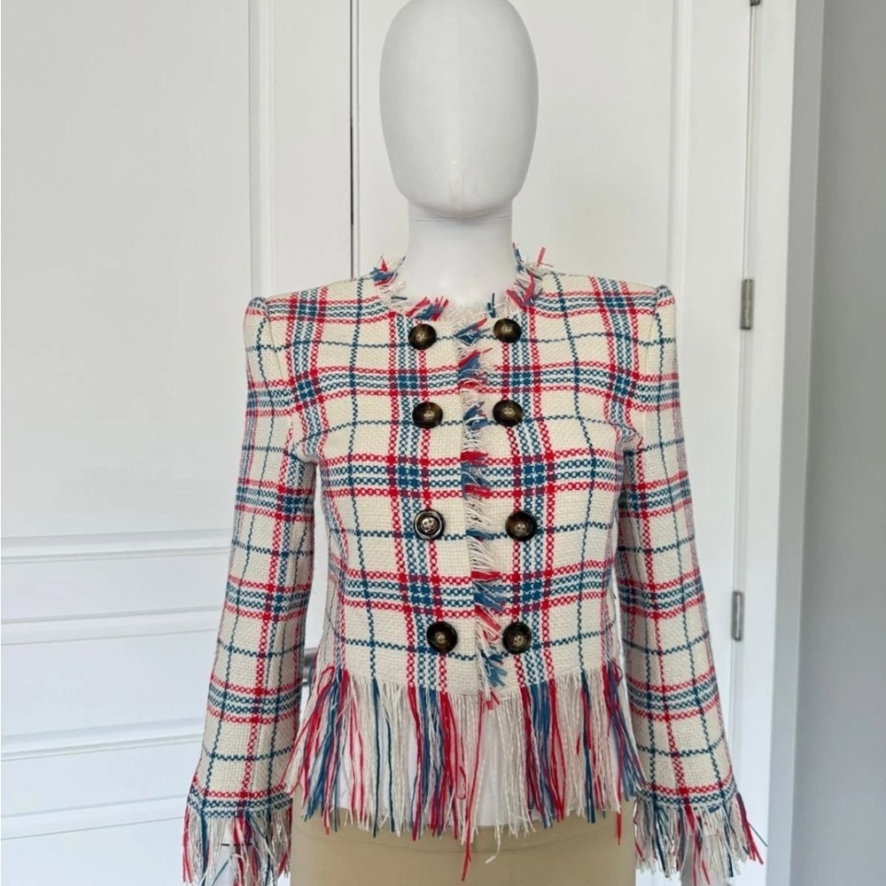 Veronica Beard Marlton White Blue Red Plaid Tweed Fringe Blazer Jacket Size 4 - Picture 12 of 16
